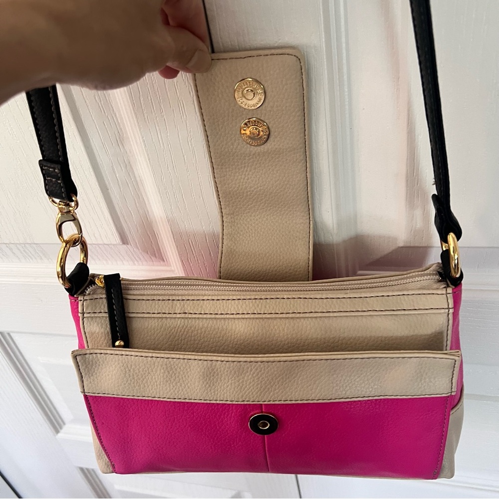 Tignanello Hot Pink Beige Black Leather Crossbody Clutch Handbag - Picture 6 of 17
